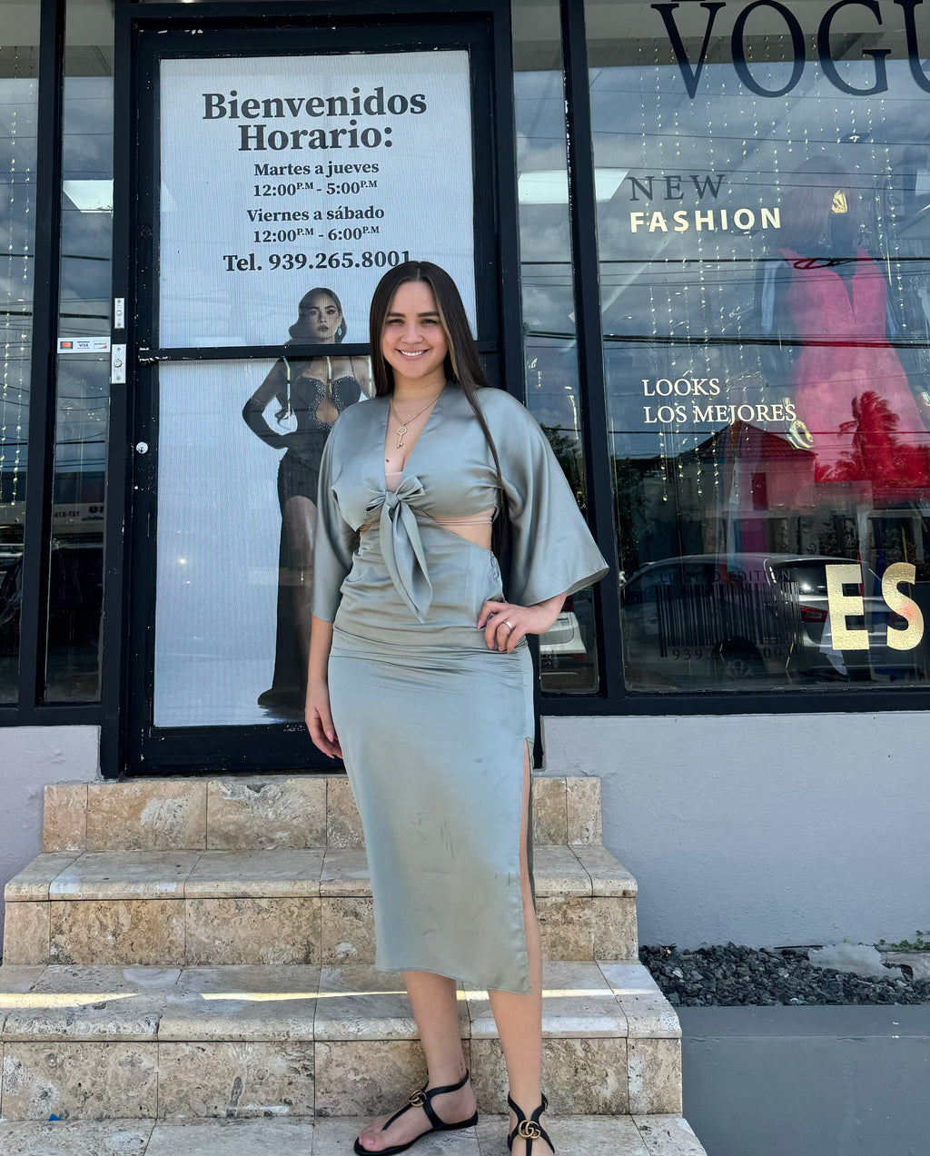 Satin olive dress